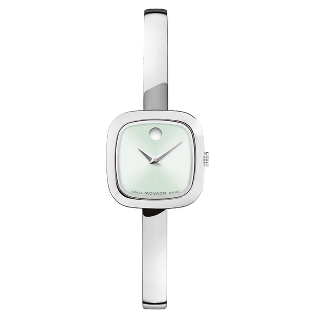 The Movado Museum Bangle Quartz 21.5mm Watch features a minimalist silver design with a square light-toned face, slim hands, and "MOVADO" and "SWISS MADE" at the bottom for timeless elegance.