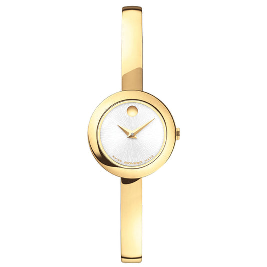 The Movado Museum Bangle Quartz 21.5mm Watch features a slim gold-tone band, minimalist white dial, and signature gold dot at 12 o'clock for a jewelry-inspired look.
