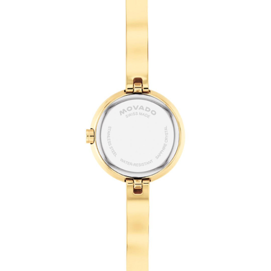 Back view of the Movado Museum Bangle Quartz 21.5mm Watch by Movado, with a gold-toned round case, left-side crown, and engravings: "Movado Swiss Made," "Stainless Steel," "Water Resistant," and "Sapphire Crystal.