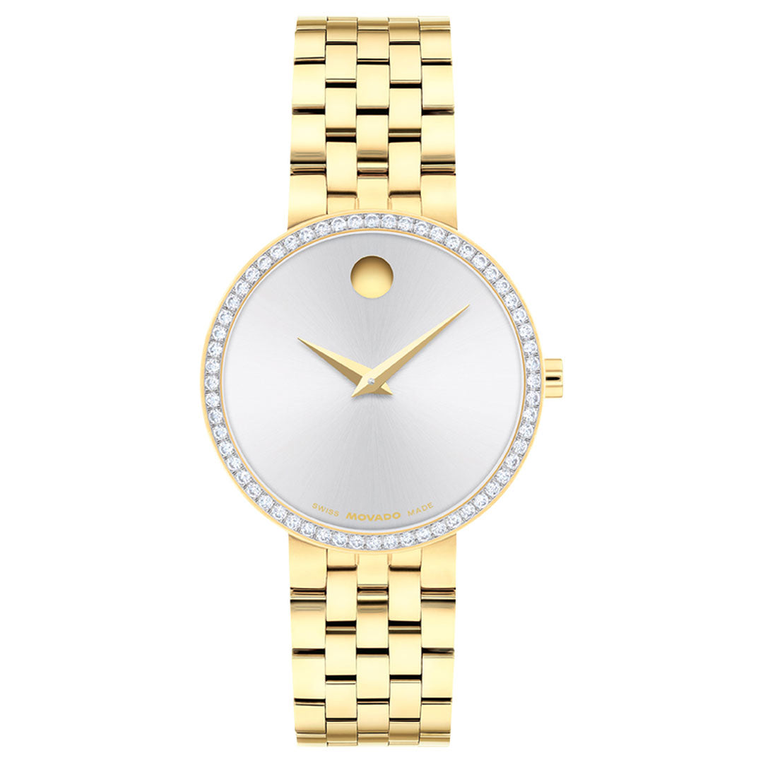 The Movado Museum Classic Quartz 29.5mm Watch by Movado features a round silver white sunray dial with a lab-grown diamond bezel, gold hour and minute hands, a minimal design free of numbers or markers, and a linked gold bracelet—an elegant wristwatch inspired by the iconic Museum Classic.