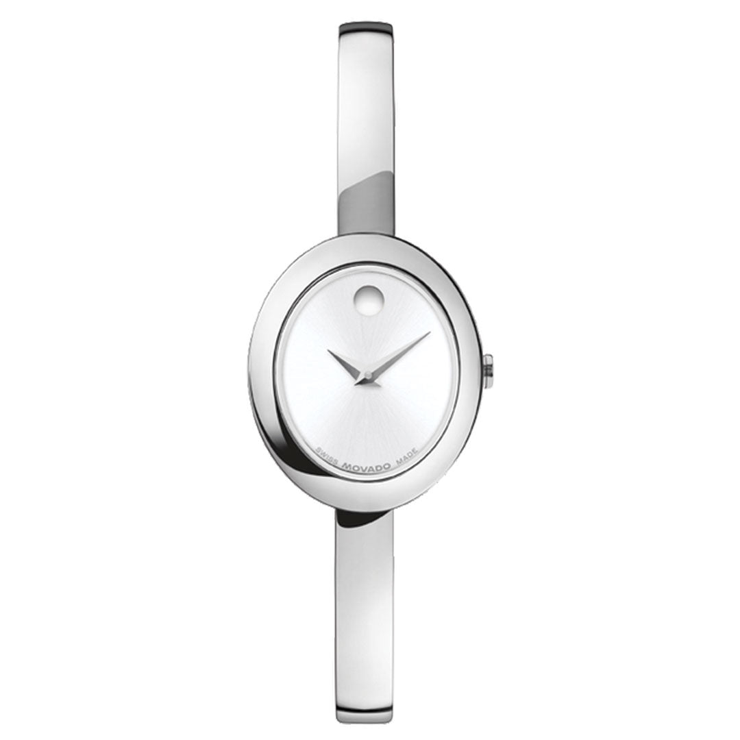 The Movado Museum Bangle Quartz 21.5mm Watch features a sleek oval face with a single dot at 12 o’clock, no numbers, and polished narrow straps—showcasing minimalist elegance inspired by Movado’s iconic design.