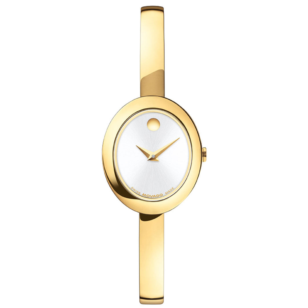 The Movado Museum Bangle Quartz 21.5mm x 25.5mm Watch by Movado features a minimalist oval face inspired by fine jewelry, with no numbers, simple gold hour and minute hands, and a single dot at the 12 o’clock position. Its slim gold band adds to the elegant design.