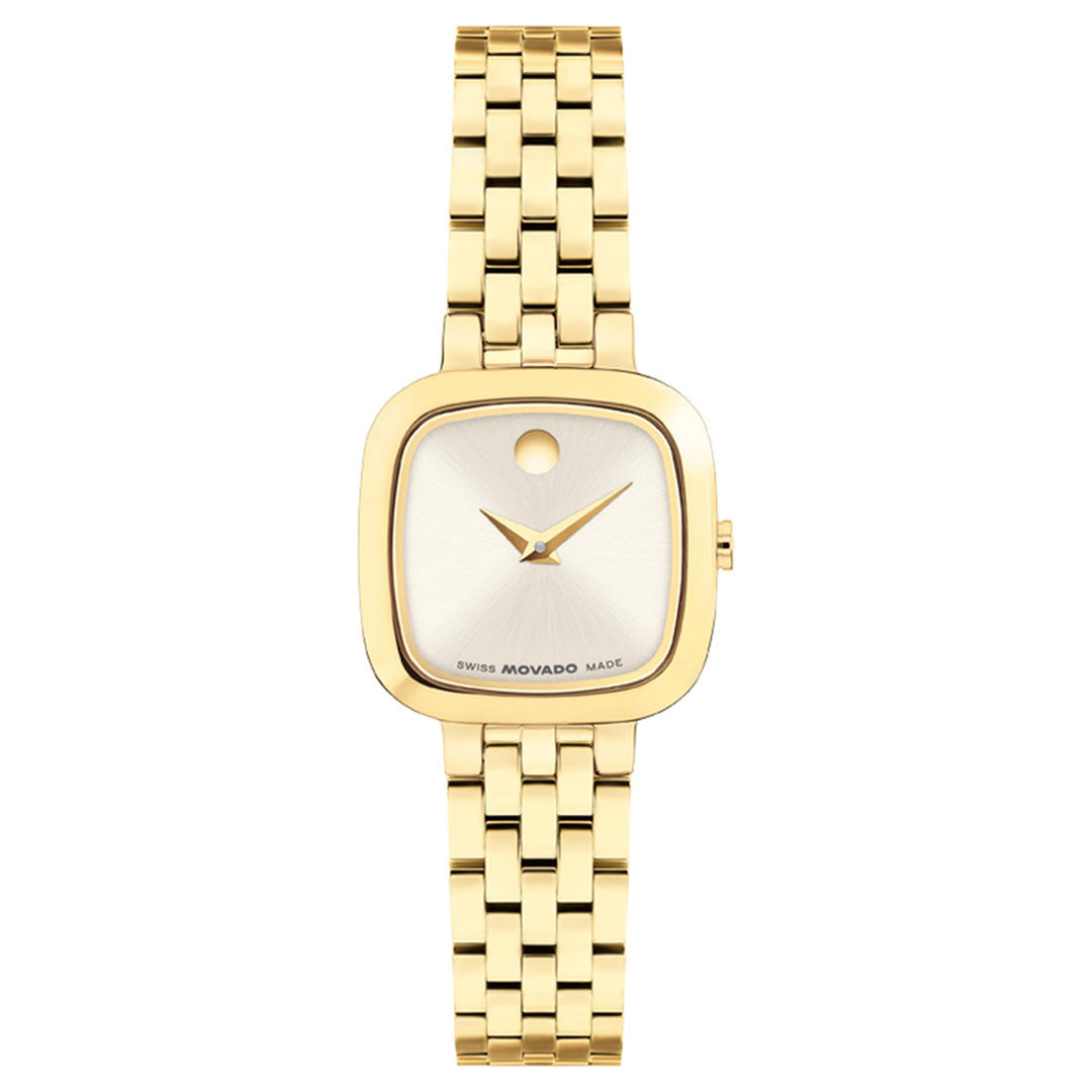 The Movado Museum Classic Quartz 22mm x 22mm Watch by Movado features a square white dial with gold hands and a single dot at the 12 o’clock position, all within a minimalist yellow gold tone case and link band, capturing the signature aesthetic of the iconic Museum Dial design.