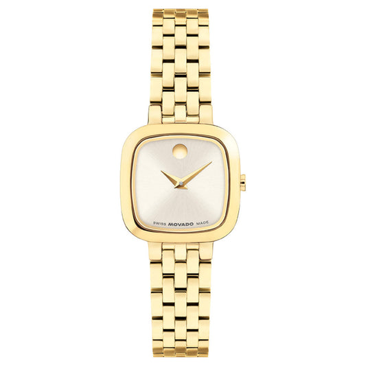 The Movado Museum Classic Quartz 22mm x 22mm Watch by Movado features a square white dial with gold hands and a single dot at the 12 o’clock position, all within a minimalist yellow gold tone case and link band, capturing the signature aesthetic of the iconic Museum Dial design.