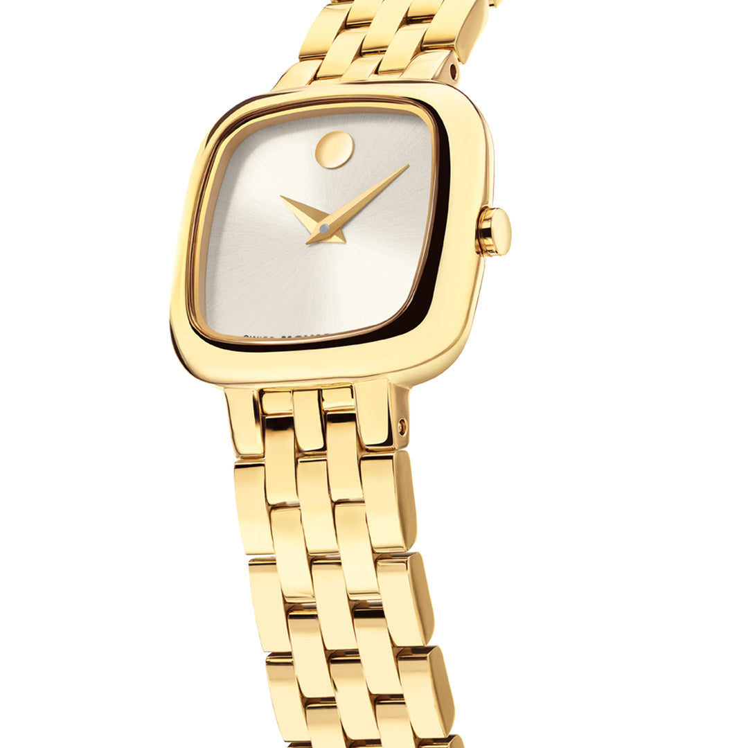 The Movado Museum Classic Quartz 22mm x 22mm Watch by Movado is displayed at an angle against a white background, featuring a yellow gold tone square face with a minimalist design, no numbers, and a gold link band.