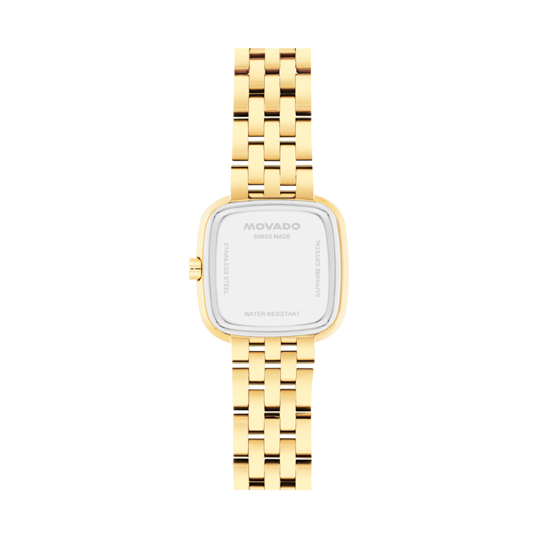 A yellow gold tone Movado Museum Classic Quartz 22mm x 22mm watch with a square face, shown from the back to display its metal link bracelet and engraved case details. This sophisticated timepiece by Movado features precise Swiss-made quartz movement.