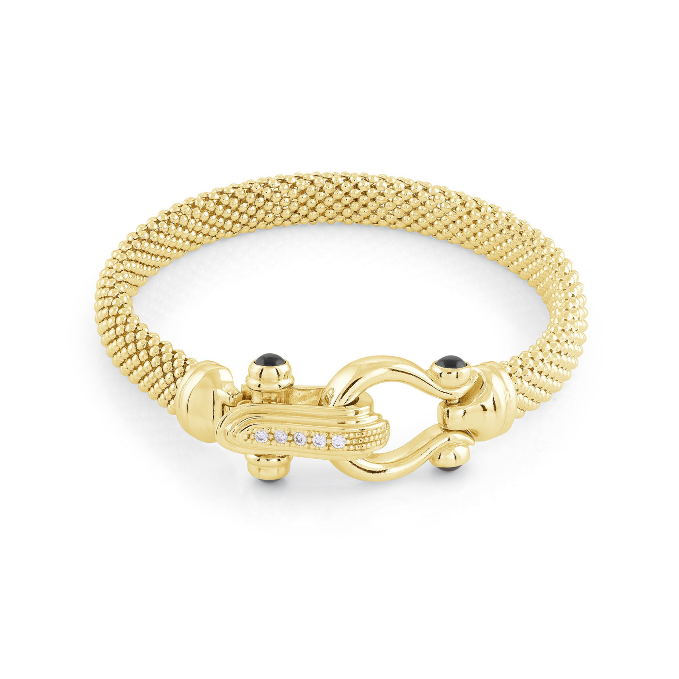 Discover the Miss Mimi Timeless Mesh 18K Yellow Gold Vermeil Bracelet by Miss Mimi by Yael, featuring a textured mesh band and an elegant equestrian clasp adorned with small gemstones. This stunning piece showcases a distinctive interlocking design with spherical accents, enhanced by the sophisticated touch of Black Onyx Cabochon.