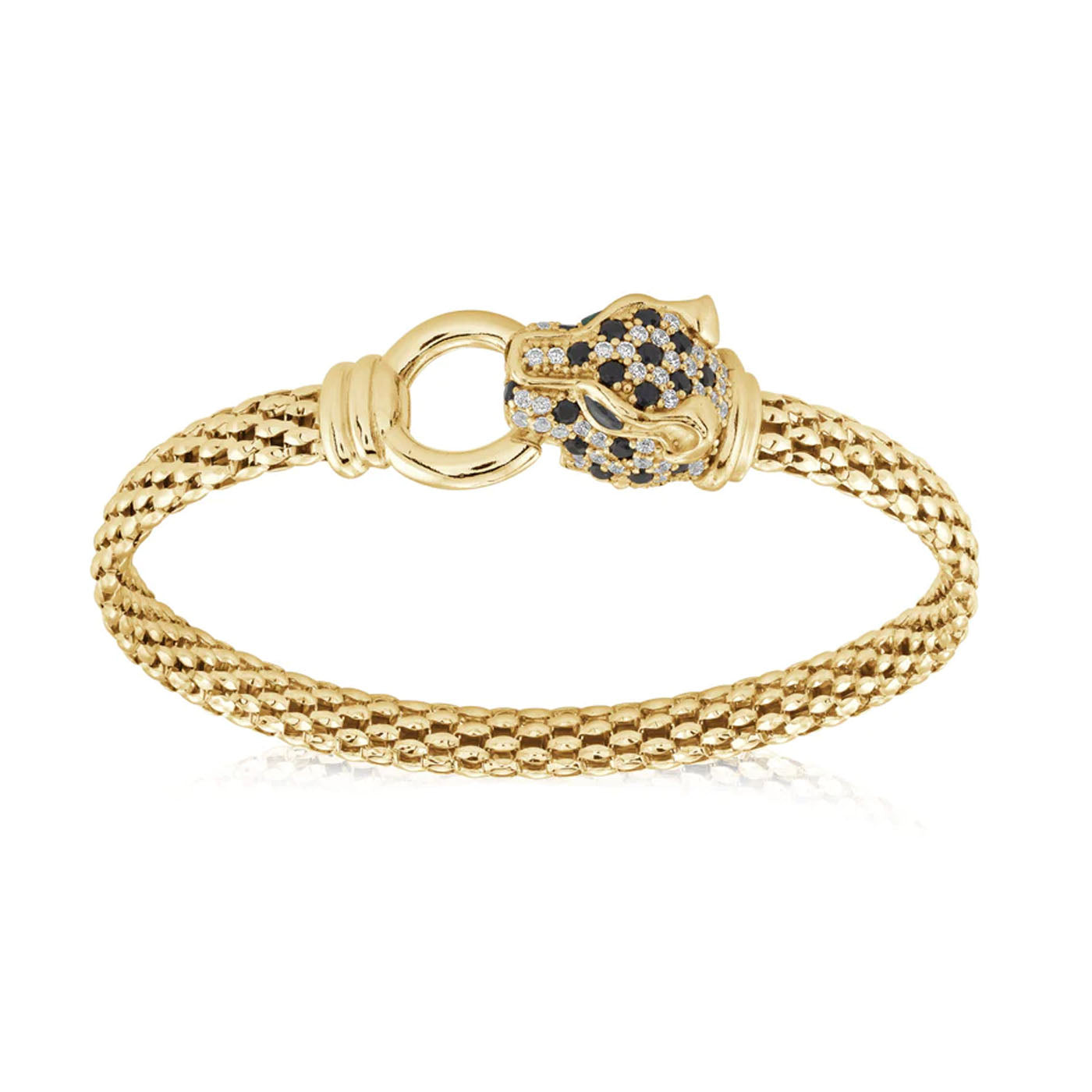 The Miss Mimi Mesh Panther 18K Yellow Gold Vermeil Bracelet by Miss Mimi by Yael is an exquisite piece showcasing a striking clasp shaped like a panther's head, adorned with blue and white stones. Made in Italy, it embodies elegance and boldness, reflecting exceptional craftsmanship and timeless style.