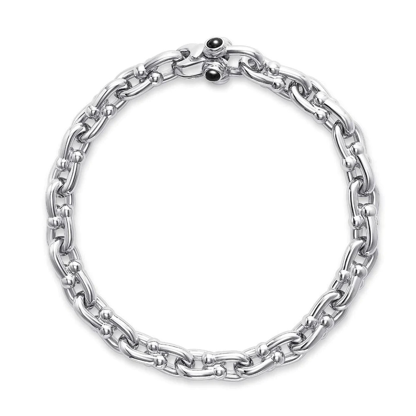 The Miss Mimi by Yael Sterling Silver Marine Link Bracelet features interlinked oval links, a chunky design with a polished finish, and elegant black onyx details. The bracelet is completed with a lobster clasp and is rhodium-bonded for added durability.