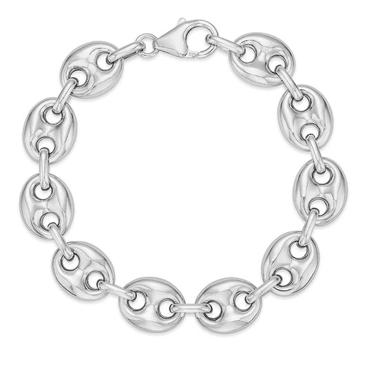 Introducing the Miss Mimi Sterling Silver Large Coffee Bean Chain Bracelet by Yael, a radiant sterling silver piece skillfully crafted in Italy. This elegant bracelet features a series of linked oval shapes with a secure lobster clasp.