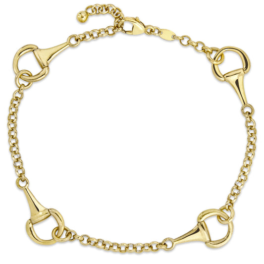 Introducing the Miss Mimi 18K Yellow Gold Vermeil Horseshoe Station Bracelet by Miss Mimi by Yael, a refined piece crafted in Italy. This bracelet boasts chain links adorned with equestrian-inspired horseshoe charms, elegantly finished with an adjustable clasp and small loop for secure fastening.