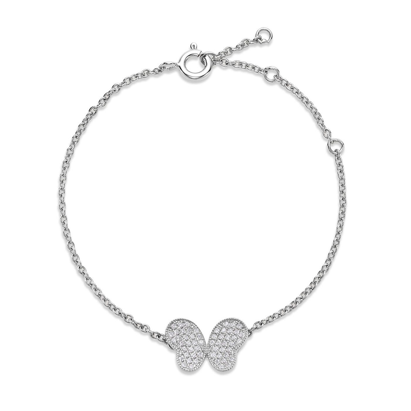 Presenting the Miss Mimi Sterling Silver Butterfly Bracelet from the elegant Miss Mimi by Yael collection, this exquisite piece features a sterling silver chain adorned with a butterfly-shaped centerpiece encrusted with small, shimmering stones. Complete with an adjustable clasp for perfect sizing and designed with anti-tarnish treatment, this bracelet promises to maintain its pristine allure.