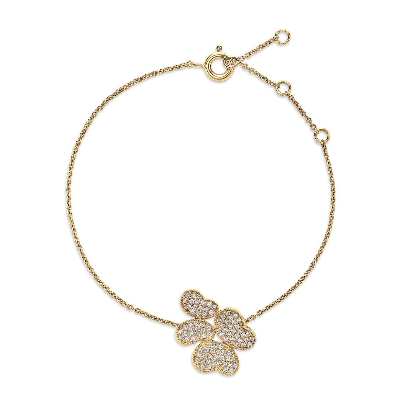 The Miss Mimi by Yael "Miss Mimi 18K Yellow Gold Vermeil Double Butterfly Bracelet" features a delicate yellow gold vermeil design with a clover-shaped pendant adorned with small diamonds. The chain echoes the elegance of a butterfly bracelet, complete with a round clasp and adjustable links for resizing.