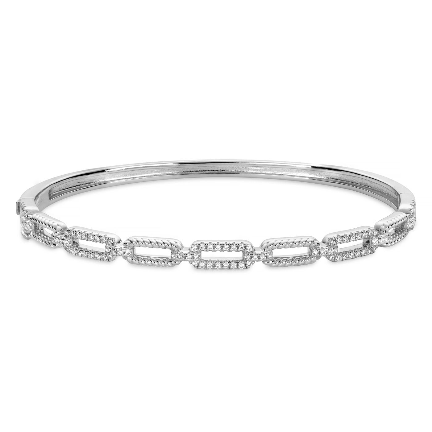 The Miss Mimi by Yael presents the Sterling Silver with Cubic Zirconia Bangle, an elegant and sophisticated piece of jewelry crafted from interlinked rectangular segments adorned with fine cubic zirconia stones.