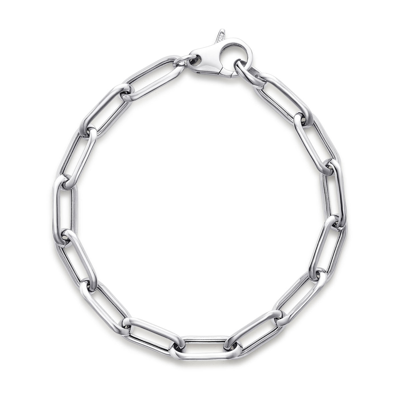 The Miss Mimi Sterling Silver Paper Clip Link Chain Bracelet by Miss Mimi by Yael is presented against a white background, showcasing its oval links, lobster clasp, and adjustable length.