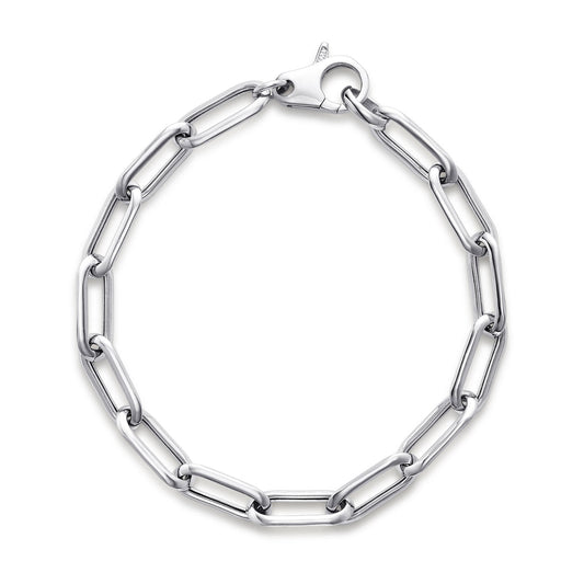 The Miss Mimi Sterling Silver Paper Clip Link Chain Bracelet by Miss Mimi by Yael is presented against a white background, showcasing its oval links, lobster clasp, and adjustable length.