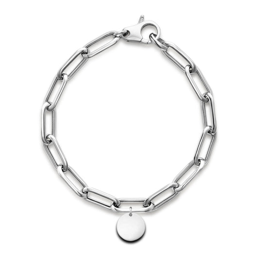 The Miss Mimi by Yael Sterling Silver Thick Paper Clip Link Chain Bracelet features elongated links and a round, flat engravable disc pendant. It comes with a lobster clasp closure and an adjustable length for a perfect fit.