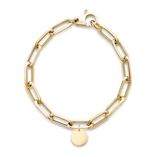 The Miss Mimi by Yael 18K Yellow Gold Vermeil Thick Paper Clip Link Chain Bracelet with a Disc Pendant features a lobster clasp closure.