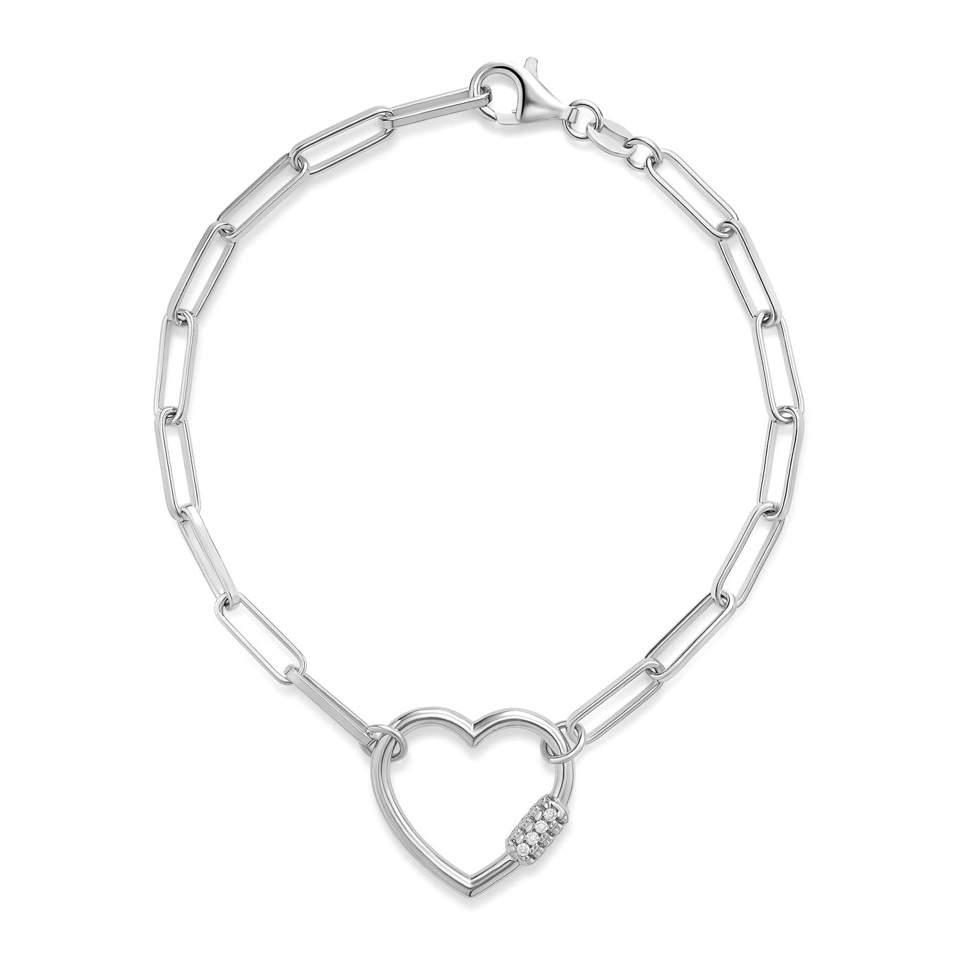 The Miss Mimi Sterling Silver Paper Clip Link Chain Bracelet with Heart Pendant by Miss Mimi by Yael features a stunning heart-shaped centerpiece adorned with small, sparkling stones on one side. Enhanced with rhodium bonding, this bracelet offers an adjustable length for a perfect fit and timeless elegance.