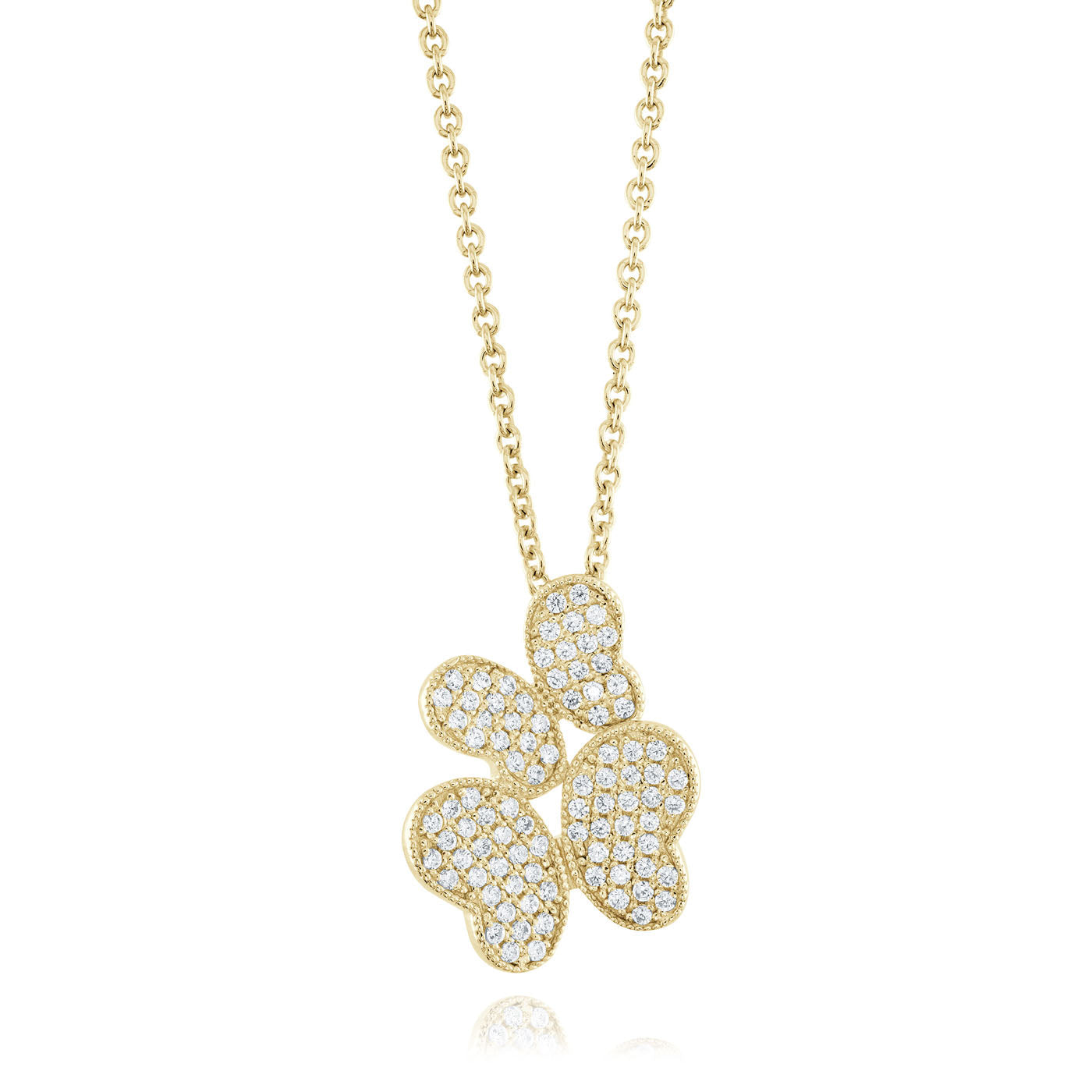 An exquisite necklace from Miss Mimi by Yael showcases a pendant shaped like a double butterfly, crafted in 18K yellow gold vermeil and adorned with sparkling cubic zirconia. The design is elegant and eye-catching, featuring an Italian chain that reflects light beautifully.