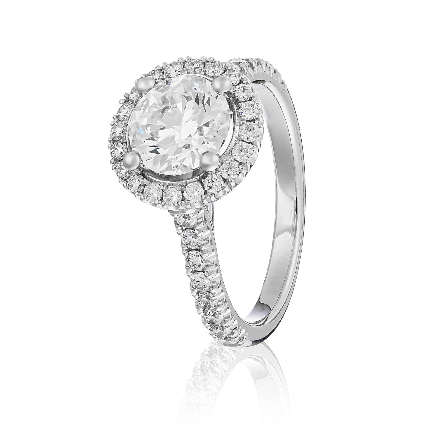 The Raffi&Co.® 14K White Gold Round Brilliant Halo Lab Diamond Engagement Ring boasts a lab-grown center diamond surrounded by a halo of accent diamonds. The band is embellished with numerous small diamonds that capture and reflect light, highlighting its intricate detailing.