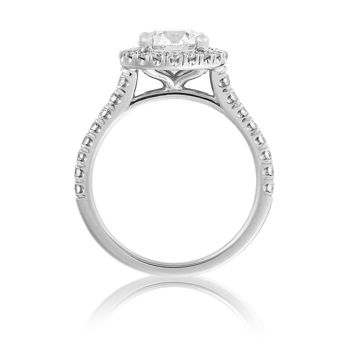 Side view of the Raffi&Co.® 14K White Gold Round Brilliant Halo Lab Diamond Engagement Ring, featuring a stunning lab-grown center diamond encircled by a halo of accent diamonds. The band is elegantly embellished with a series of small diamonds on both sides, beautifully reflecting light.