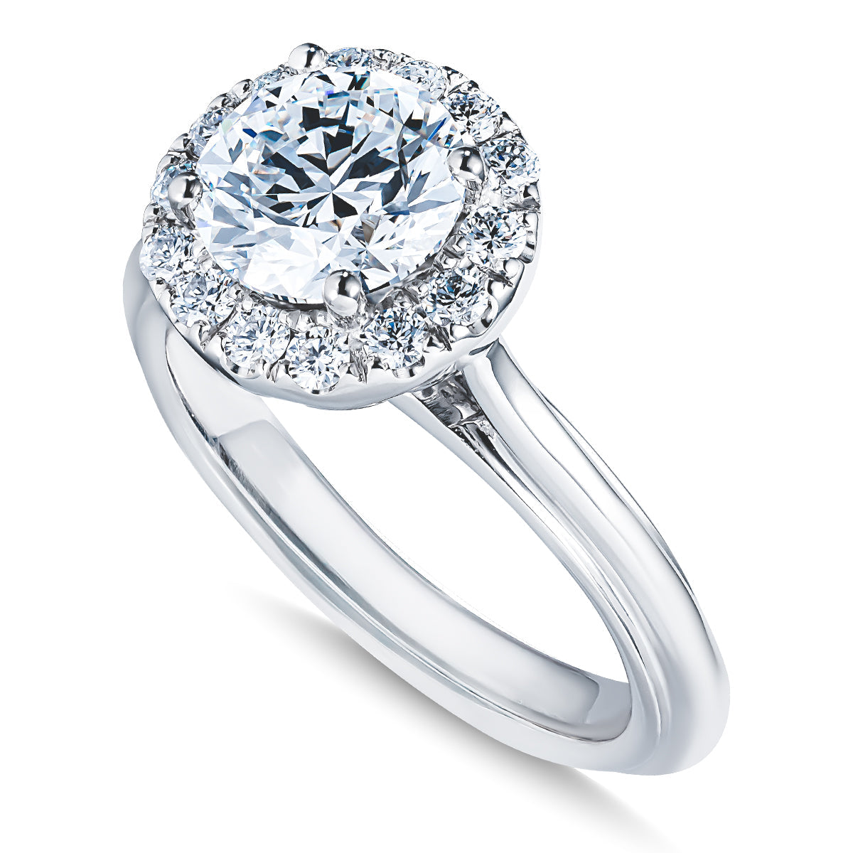 Introducing the Raffi&Co.® 14K White Gold Round Brilliant Diamond Halo Engagement Ring, a stunning piece featuring a large central round brilliant diamond encircled by a halo of smaller diamonds. The band is crafted from polished white gold, perfectly enhancing the brilliance of the gemstones.