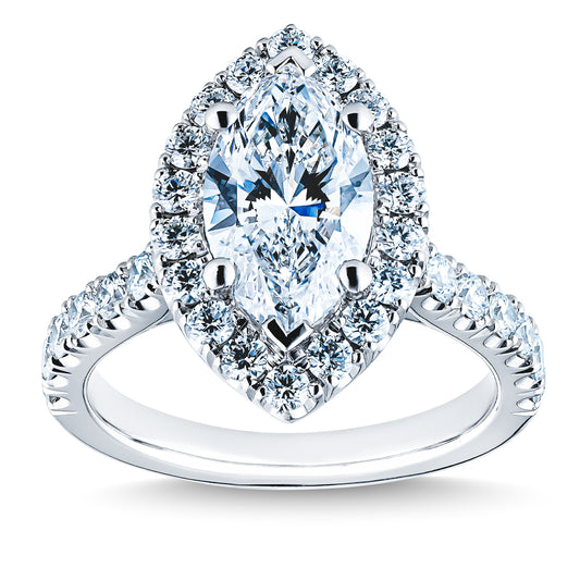 The Raffi&Co.® 14K White Gold Marquise Halo Diamond Engagement Ring, certified by GIA, showcases a central marquise-cut diamond encircled by a radiant halo of smaller stones. The 14K white gold band is embellished with additional diamonds, providing an exquisite sparkle and timeless elegance.