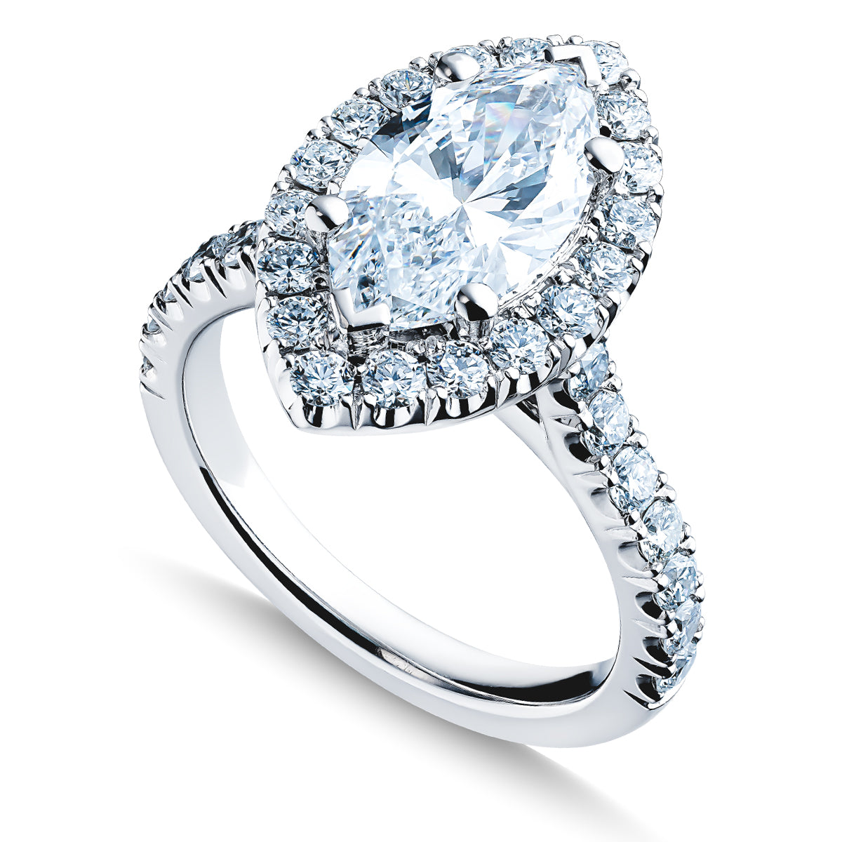 Introducing the Raffi&Co.® 14K White Gold Marquise Halo Diamond Engagement Ring, showcasing a stunning marquise-cut diamond encircled by a halo of smaller round diamonds on a 14K white gold band. For extra brilliance, the band is adorned with an elegant row of small diamonds.