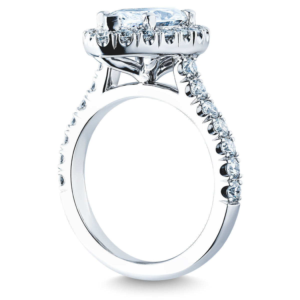 The Raffi&Co.® 14K White Gold Marquise Halo Diamond Engagement Ring showcases a stunning marquise diamond, certified by GIA, set in a prong setting. The elegant 14K white gold band is embellished with smaller diamonds, enhancing its luxurious and sophisticated design.