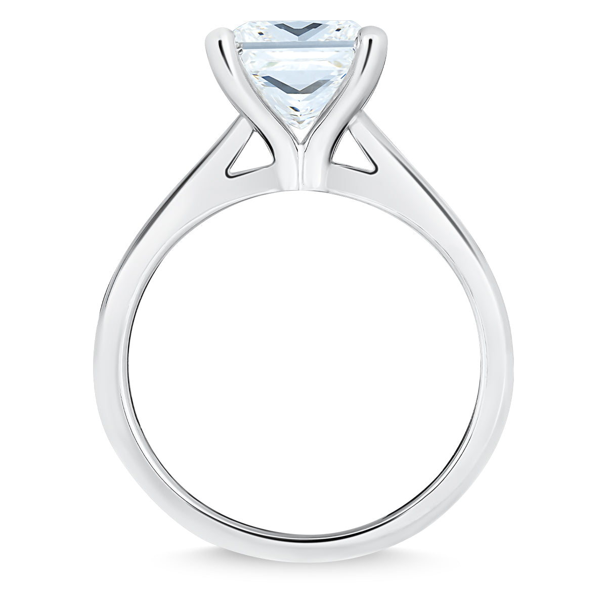 A modern Raffi&Co design, the Raffi&Co.® 18K White Gold Princess Solitaire Diamond Engagement Ring highlights a princess solitaire diamond, exuding sleek elegance from a side perspective.