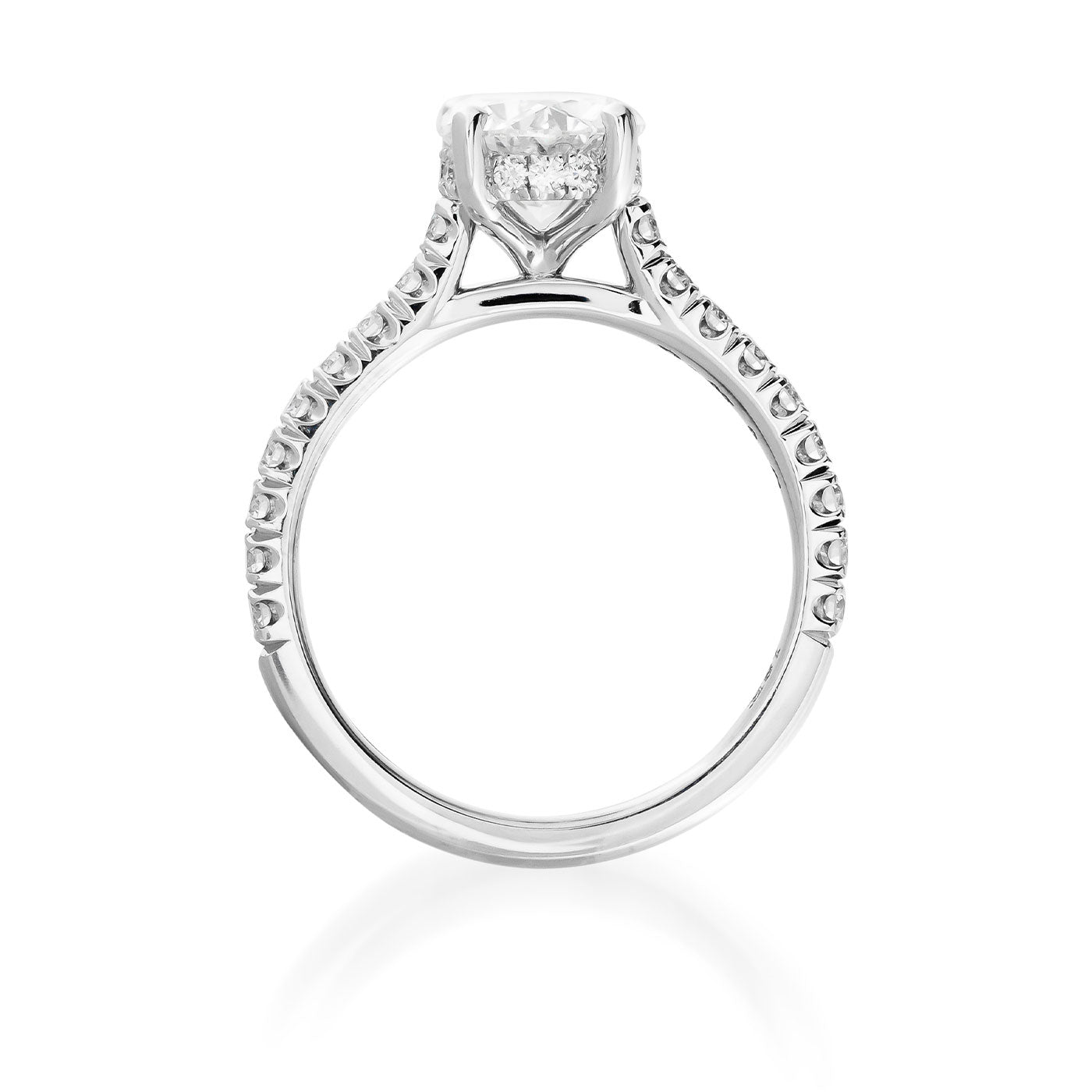 This exquisite Raffi&Co.® Signature 18K White Gold Oval Hidden Halo Diamond Engagement Ring features a stunning oval diamond at its center. The band is embellished with delicate diamond accents, enhancing its brilliance and elegance. It comes with GIA Certification to ensure its quality and stands out beautifully against a white background.