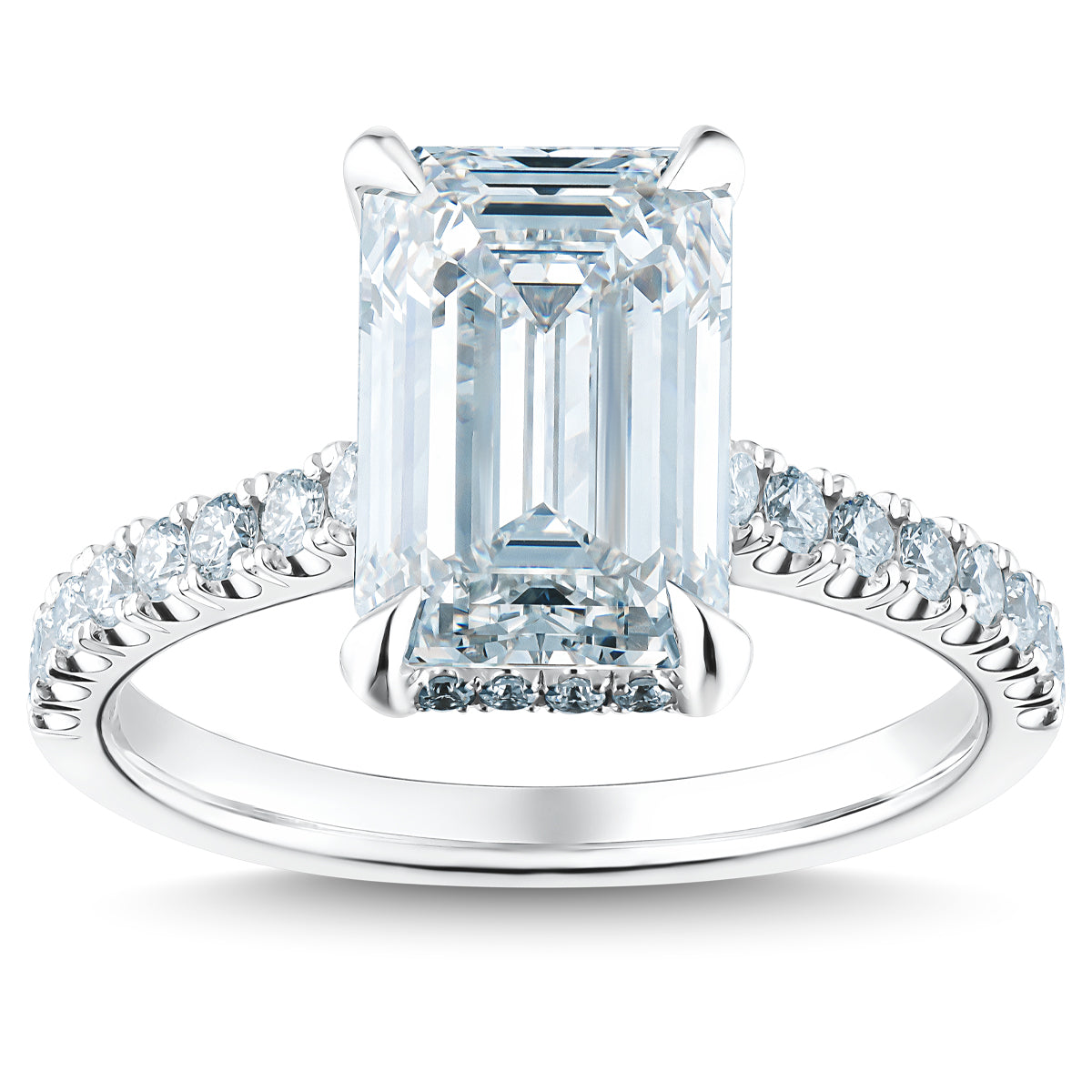 Experience the elegance of the Raffi&Co.® 14K White Gold Emerald Hidden Halo Diamond Engagement Ring, showcasing a large rectangular emerald-cut diamond at its center, set on a platinum band adorned with smaller round diamonds for added sophistication.