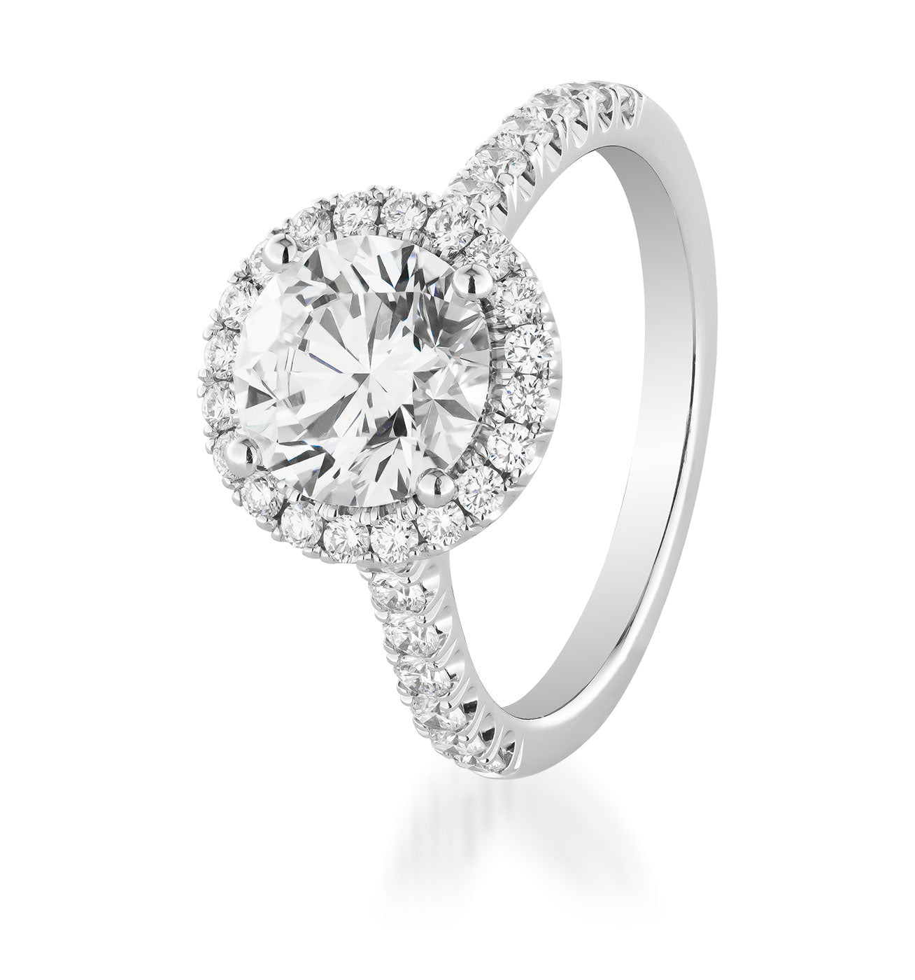 Introducing the Raffi&Co.® Signature 14K White Gold Round Brilliant Halo Diamond Engagement Ring, a breathtaking piece from Raffi&Co. This exquisite ring features a stunning round brilliant diamond at its center, elegantly encircled by a halo of smaller diamonds. The band sparkles with additional diamonds, further enhancing its elegance and brilliance.