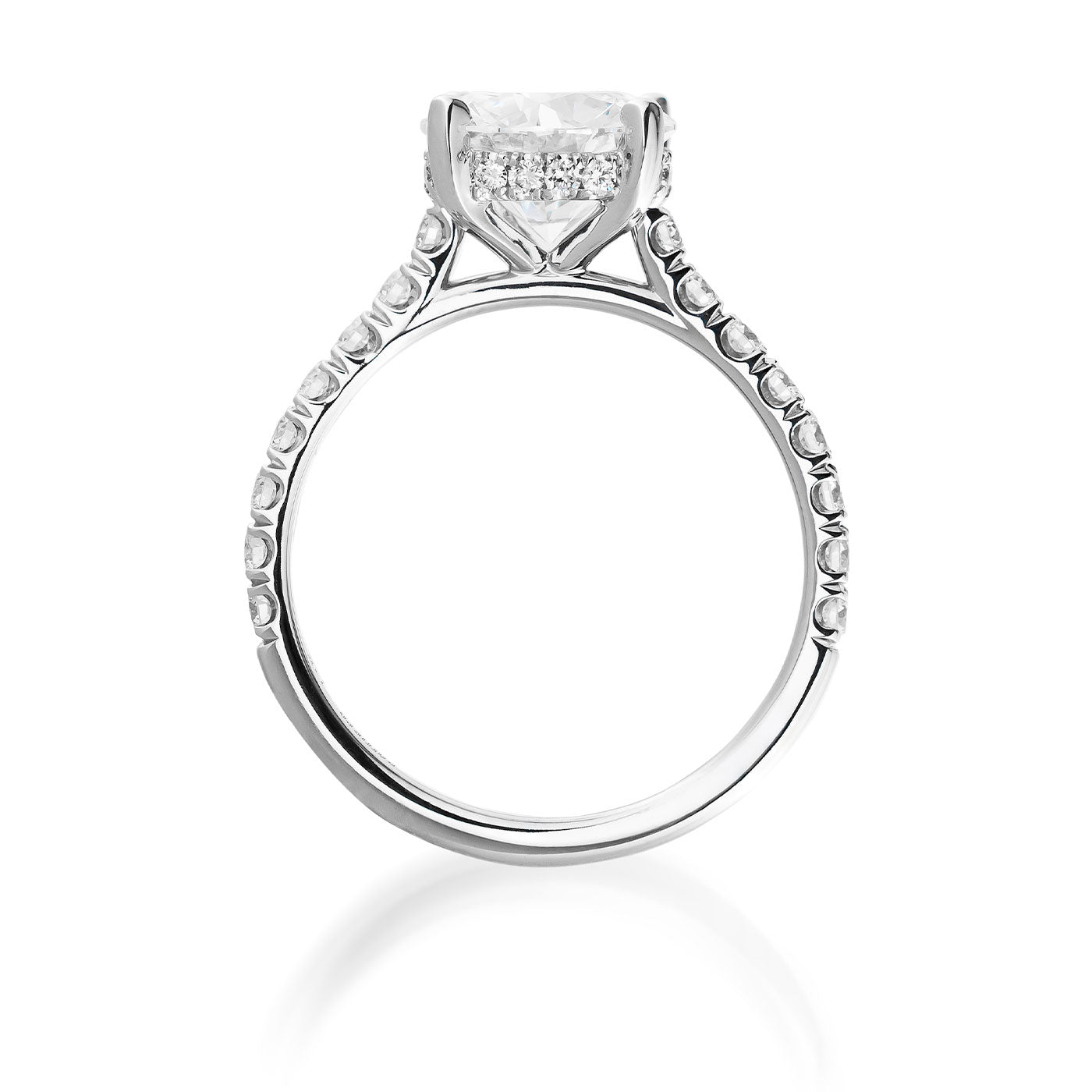 Side view of the stunning Raffi&Co.® 14K White Gold Round Brilliant Hidden Halo Diamond Engagement Ring, showcasing a large round-cut center stone and smaller GIA-certified diamonds along the band. The hidden halo diamond is set in elegant white gold, presented against a plain white background.