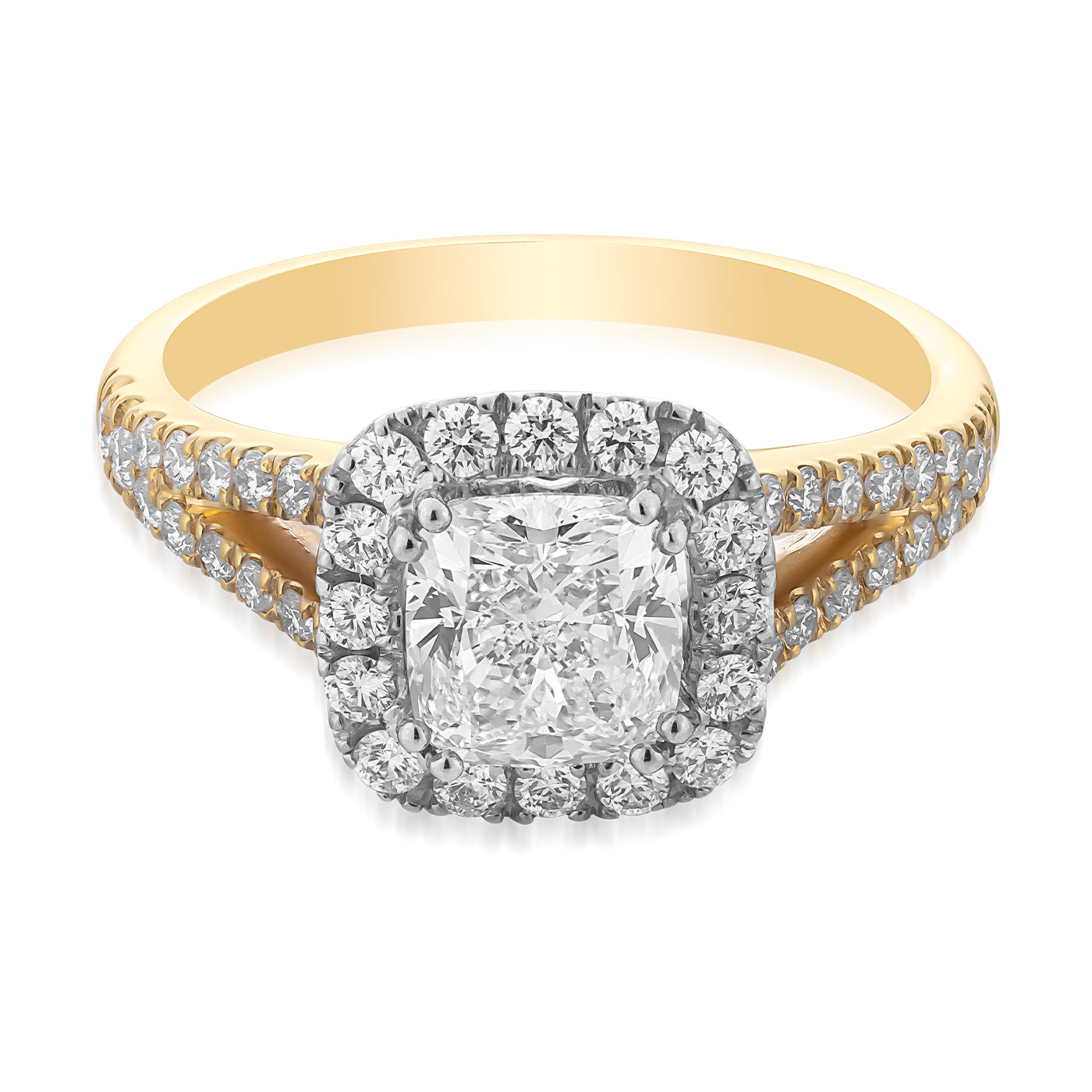 The Raffi&Co.® 18K Yellow and White Gold Cushion Halo Diamond Engagement Ring is a breathtaking piece featuring a prominent square-cut diamond at its center. It is elegantly enveloped by a double halo of smaller round diamonds, with the band adorned by two rows of sparkling diamond accents, all GIA certified for quality.