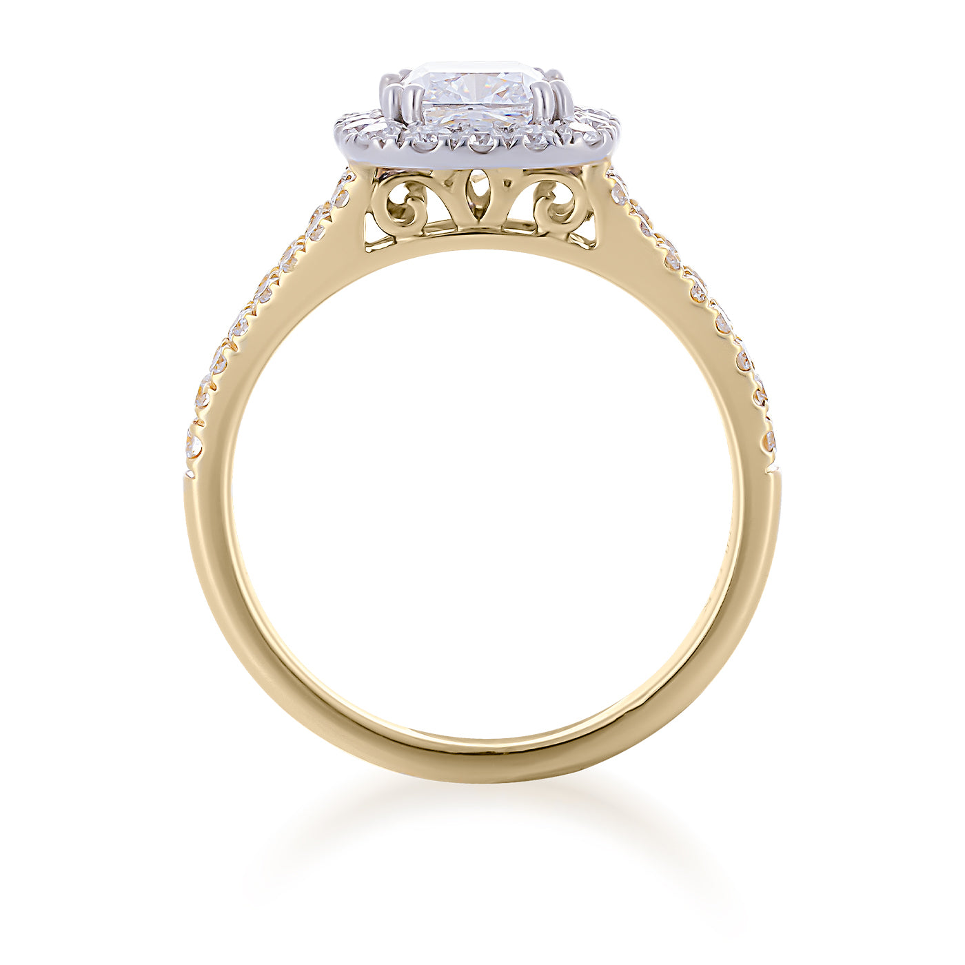 The Raffi&Co.® 18K Yellow and White Gold Cushion Halo Diamond Engagement Ring is a stunning GIA certified piece by Raffi&Co, featuring an intricately designed ornate band with a central square white gemstone, surrounded by smaller gems, that highlights its detailed craftsmanship.