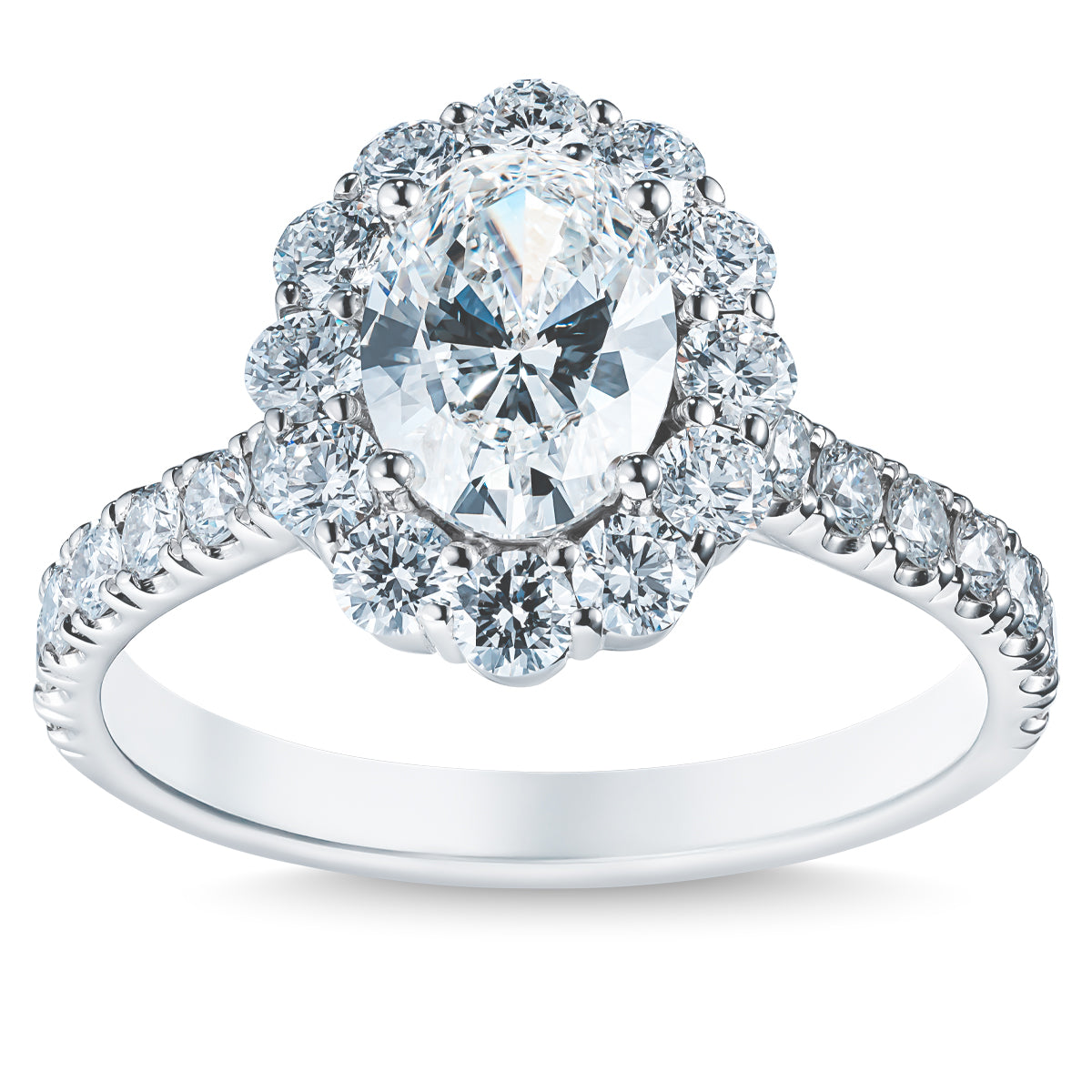 This Raffi&Co.® 14K White Gold Oval Halo Diamond Engagement Ring features a stunning large oval-shaped diamond, encircled by a halo of smaller round diamonds and complemented by additional diamonds along the band, with the centerpiece meticulously GIA Certified for unmatched brilliance.