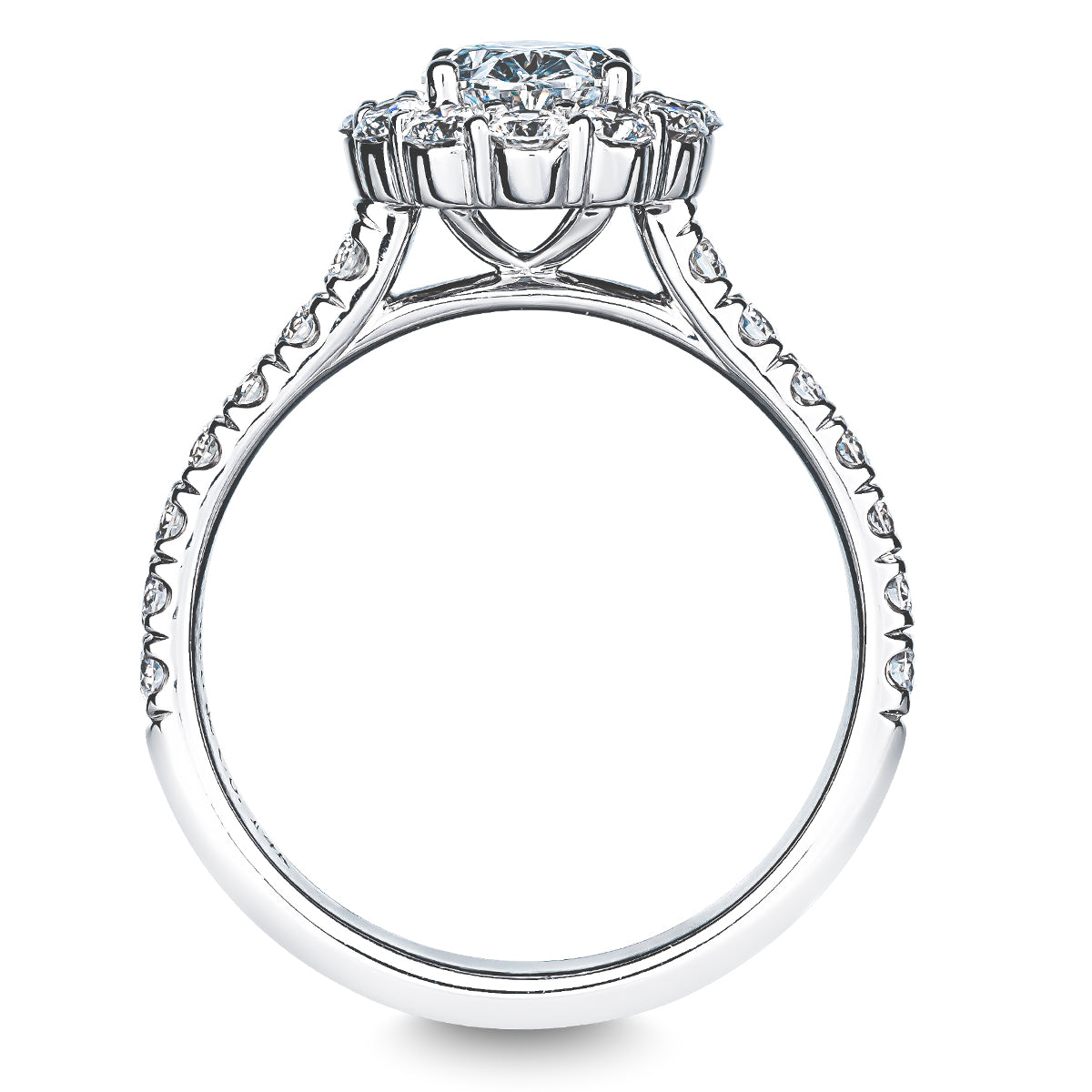 A close-up of the Raffi&Co.® 14K White Gold Oval Halo Diamond Engagement Ring, featuring a dazzling round diamond in a halo setting, GIA certified. The band, crafted from 14K white gold by Raffi&Co., is beautifully adorned with small diamonds that add extra sparkle and sophistication.