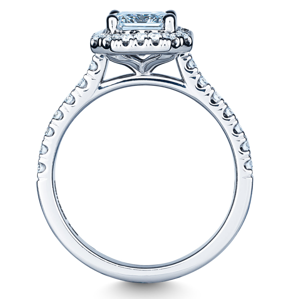 This exquisite Raffi&Co.® 14K White Gold Emerald Halo Diamond Engagement Ring showcases a central square-cut diamond in an elevated prong setting. Certified for quality by GIA, the band is embellished with smaller round diamonds, radiating a sparkling effect that exudes elegance and sophistication.