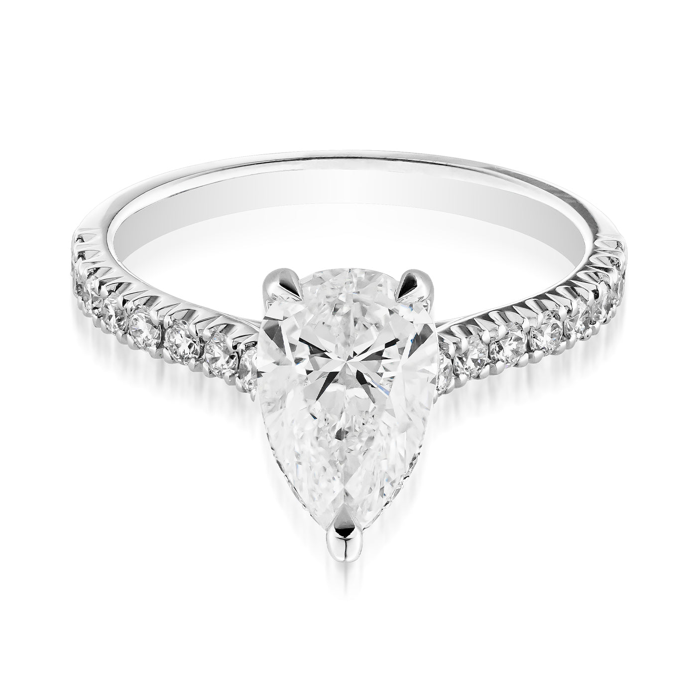 A detailed view of the Raffi&Co.® 14K White Gold Pear Hidden Halo Diamond Engagement Ring, showcasing its 1.70 carat pear-shaped diamond centerpiece set in refined 14K white gold. The band, embellished with delicate round diamonds, enhances an elegant and sparkling aesthetic, allowing the large central diamond to maintain its role as the centerpiece of attention.