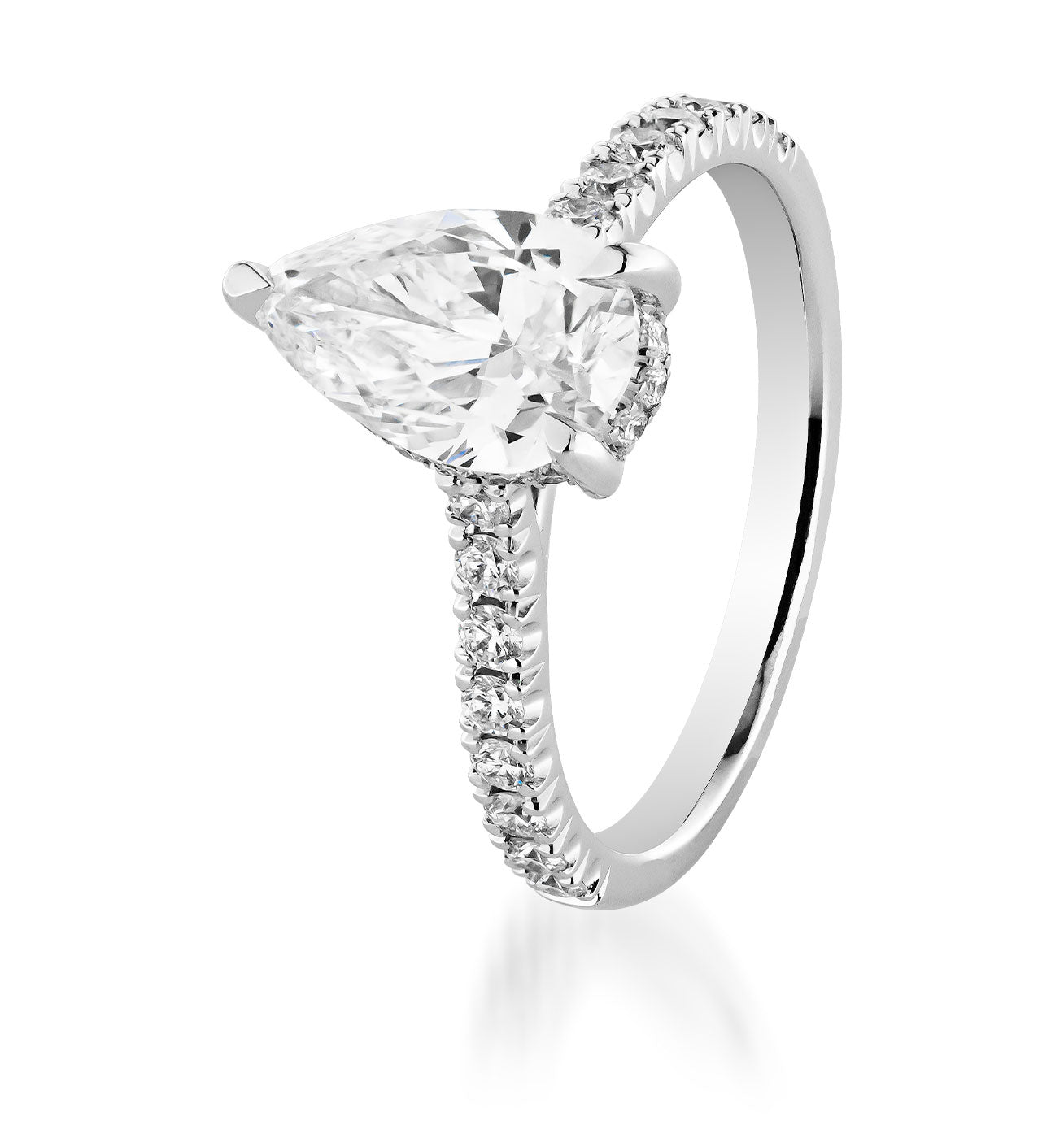 The Raffi&Co.® 14K White Gold Pear Hidden Halo Diamond Engagement Ring features a dazzling 1.70-carat pear-shaped diamond as its centerpiece. It's set on a sleek band embellished with smaller diamonds, all crafted in elegant 14K white gold, beautifully presented against a plain white background to emphasize its timeless allure.