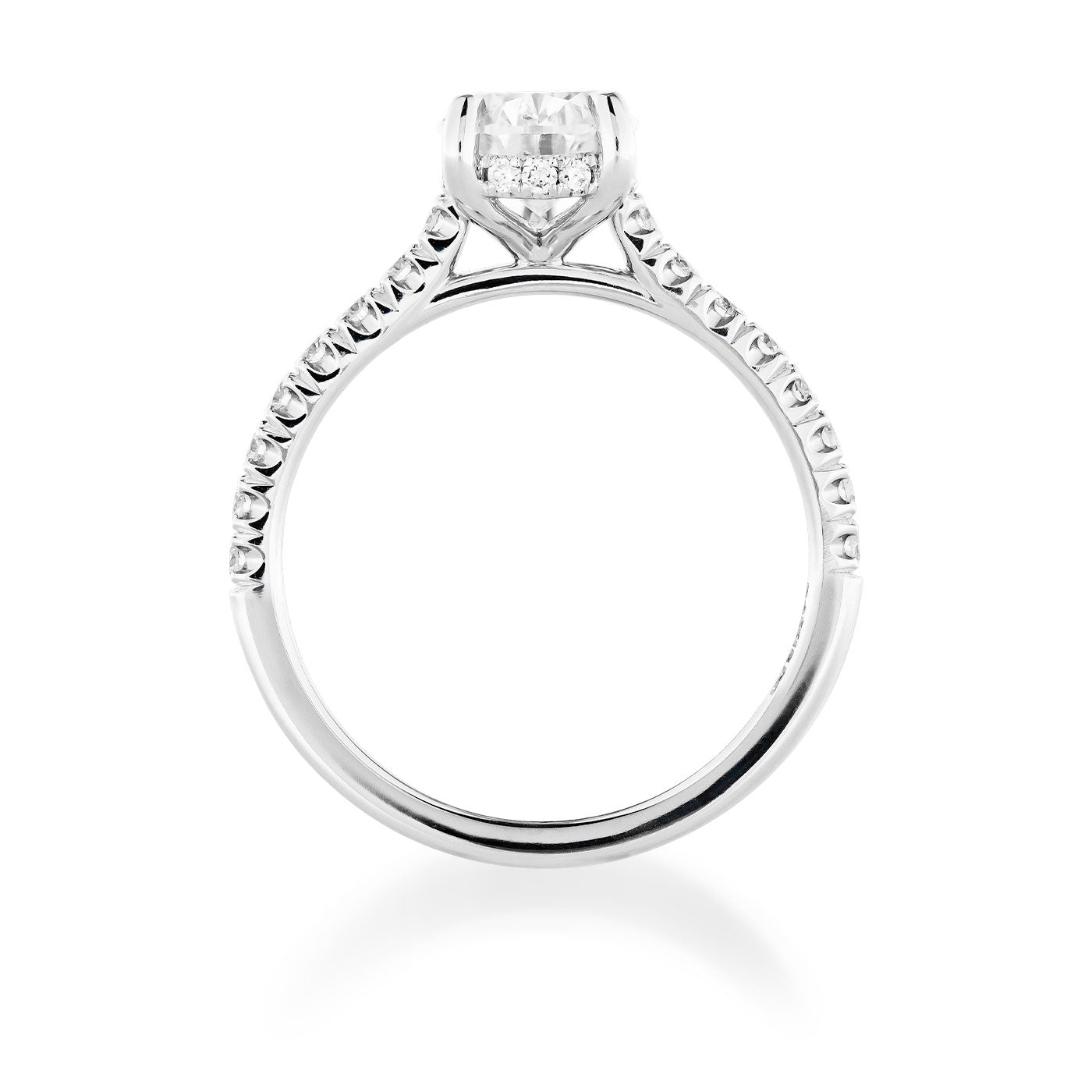 The Raffi&Co.® 14K White Gold Pear Hidden Halo Diamond Engagement Ring showcases a breathtaking 1.70 carat pear-shaped diamond as its centerpiece. Its elegant design is further enhanced by smaller diamonds adorning the top half of the band, which is crafted from 14K white gold. The ring stands upright on a white background, highlighting its sophisticated beauty.