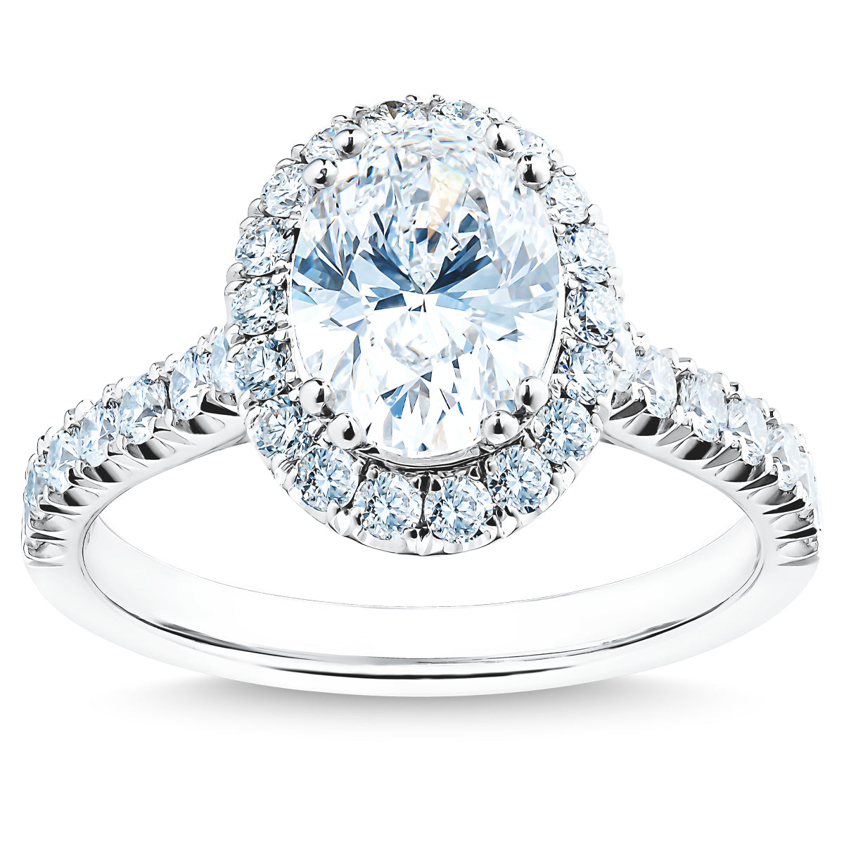 Introducing the Raffi&Co.® 14K White Gold Oval Halo Diamond Engagement Ring, featuring a stunning 3.56-carat oval-cut center diamond encircled by a halo of smaller diamonds. This exquisite piece is further enhanced by additional small diamonds on the white gold band, highlighting its elegance and brilliance against the white backdrop.