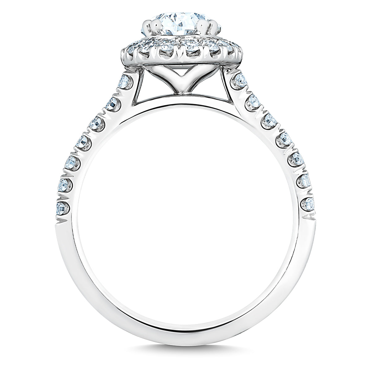 Discover the Raffi&Co.® 14K White Gold Oval Halo Diamond Engagement Ring by Raffi&Co, featuring a stunning 3.56-carat oval center diamond encircled by a round halo of smaller stones. The band is elegantly adorned with additional gems to amplify the centerpiece's sparkle, beautifully displayed in side view against a white background.