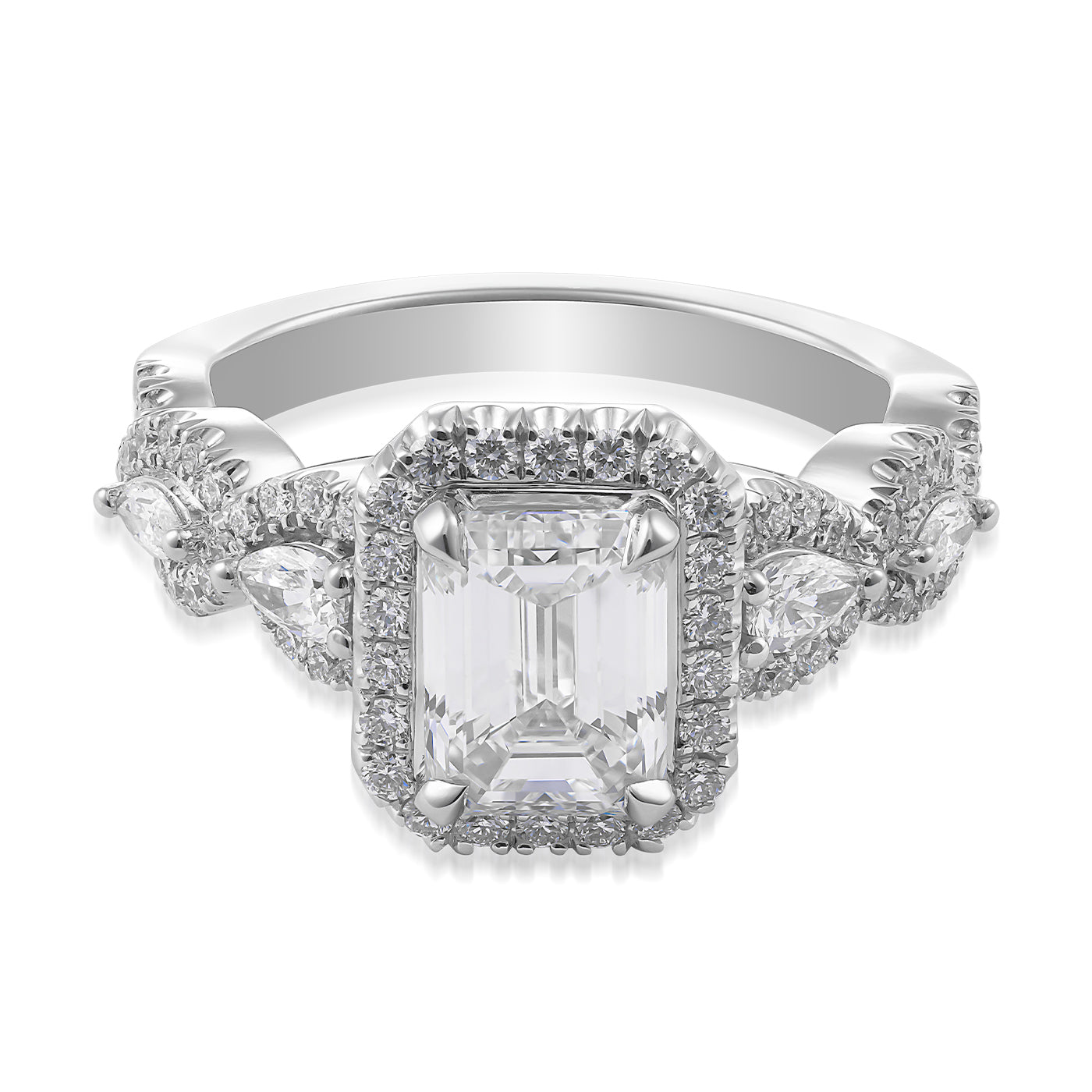 The Raffi&Co.® 14K White Gold Emerald Halo Diamond Engagement Ring features a breathtaking emerald-cut diamond at its center, encircled by a halo of smaller round diamonds certified by the GIA. The band's elegance is further enhanced with pear-shaped diamonds on either side, making this piece from Raffi&Co an exquisite choice for an engagement ring.