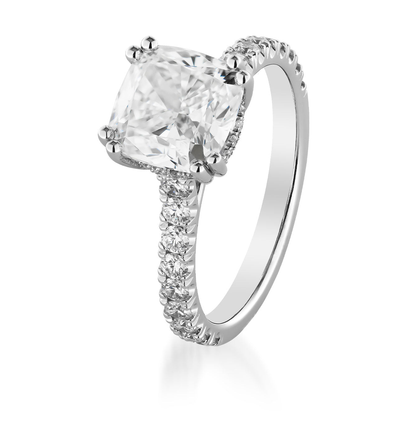 The Raffi&Co.® 14K White Gold Cushion Hidden Halo Diamond Engagement Ring showcases a large cushion-cut diamond centerpiece in an exquisite 14K white gold setting. The band is elegantly adorned with smaller round diamonds for added sparkle, and its hidden halo design ensures timeless beauty, all set against a plain white background.