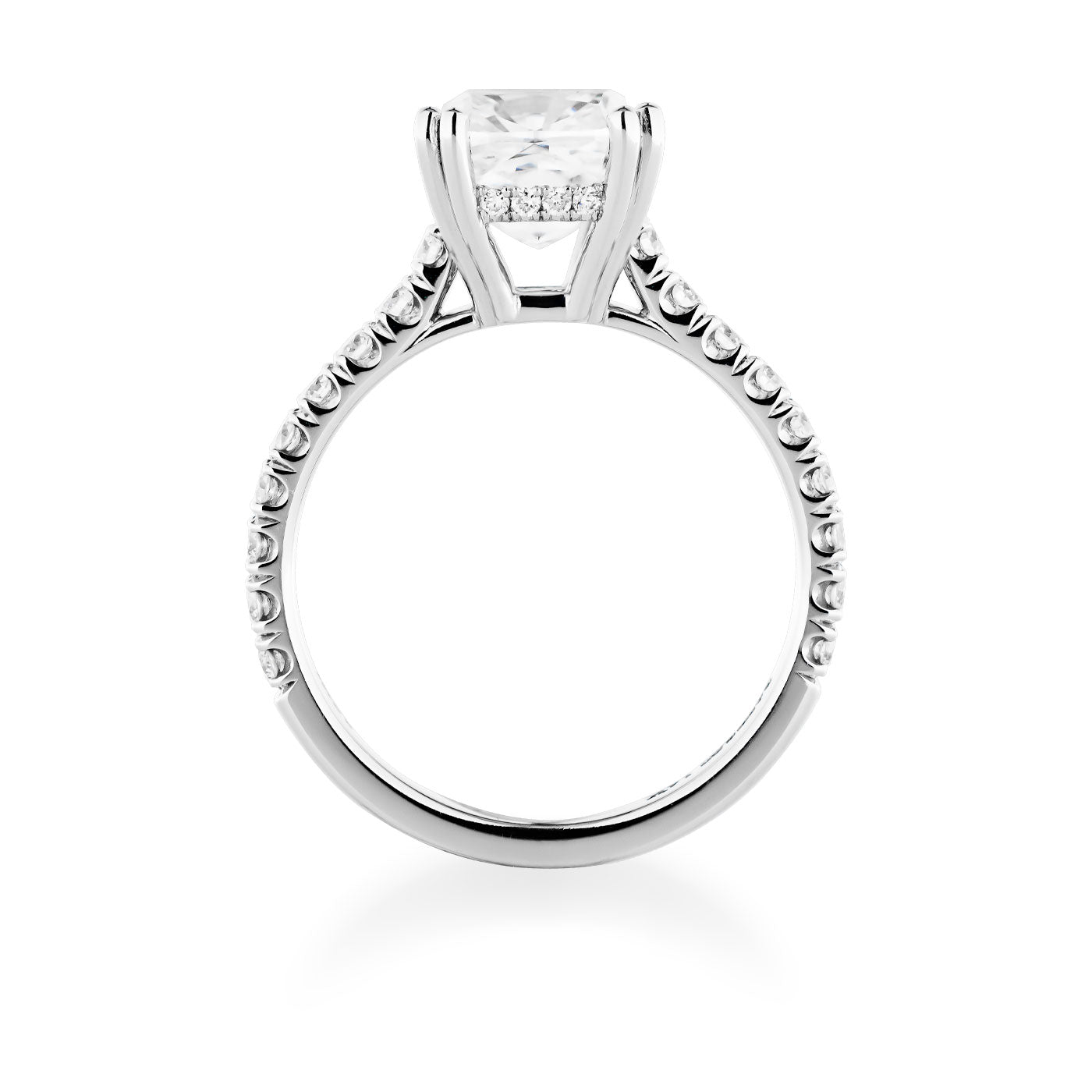 Side view of the Raffi&Co® 14K White Gold Cushion Hidden Halo Diamond Engagement Ring showcasing a prominent rectangular diamond on top. The hidden halo setting and gemstone-accented band enhance its opulent appearance.