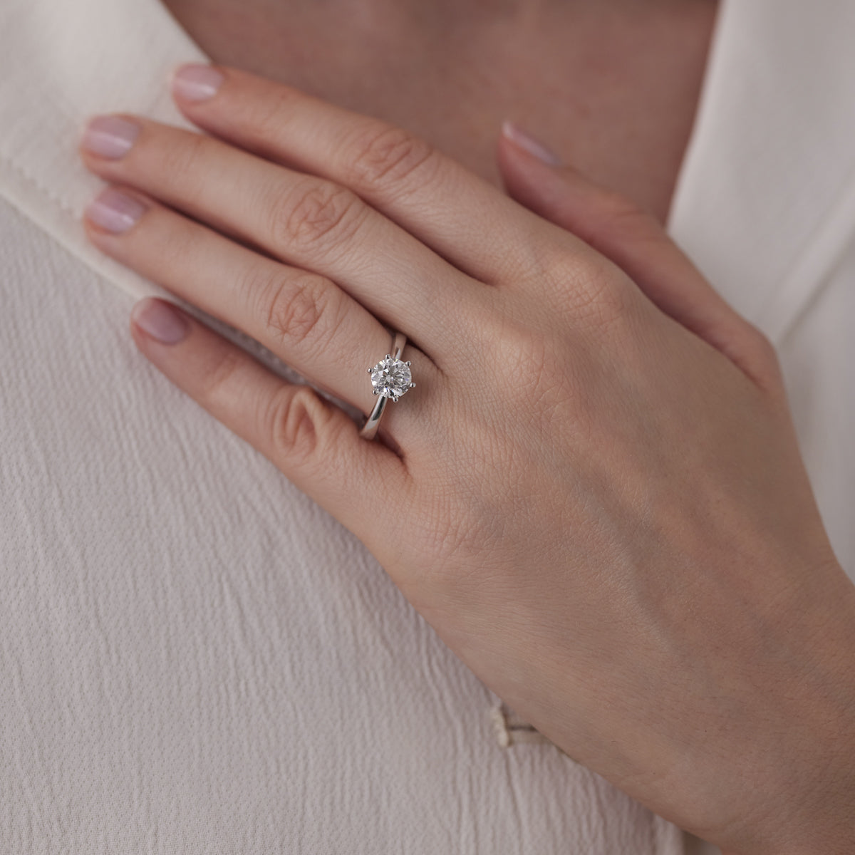 A person wearing a white shirt gently touches their chest with one hand, showcasing a Raffi&Co.® 18K White Gold Round Brilliant Solitaire Diamond Engagement Ring on the ring finger. This elegant piece by Raffi&Co highlights its timeless beauty with a round brilliant diamond set in 18K white gold.