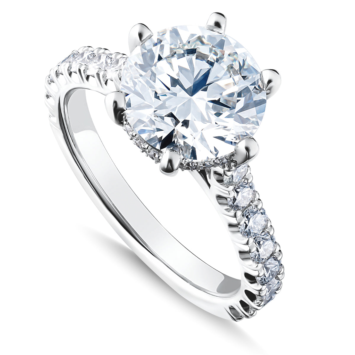 The Raffi&Co.® 14K White Gold Round Brilliant Hidden Halo Diamond Engagement Ring is an exquisite piece featuring a large, round-cut center diamond held in place by a six-prong setting. The band is beautifully embellished with smaller diamonds that enhance its sparkle and elegance, making it a truly remarkable GIA-certified creation from Raffi&Co.